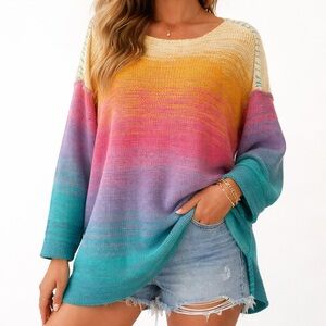🌈Vintage Venezia Vitale Colorful Ombré Oversized Knit Sweater Sz L 🌅